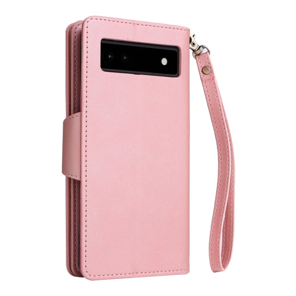 For Google Pixel 6a Rivet Buckle 9 Cards Three Fold Leather Phone Case(Rose Gold)