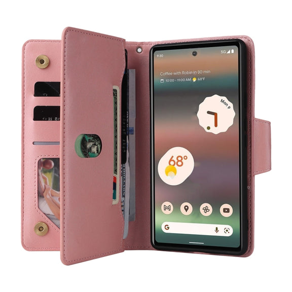 For Google Pixel 6a Rivet Buckle 9 Cards Three Fold Leather Phone Case(Rose Gold)
