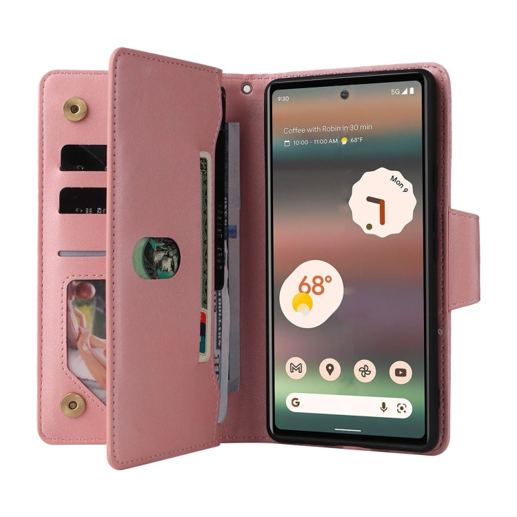 For Google Pixel 6a Rivet Buckle 9 Cards Three Fold Leather Phone Case(Rose Gold)