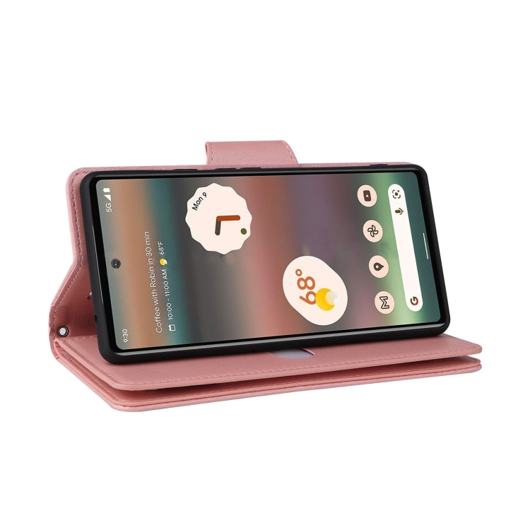 For Google Pixel 6a Rivet Buckle 9 Cards Three Fold Leather Phone Case(Rose Gold)