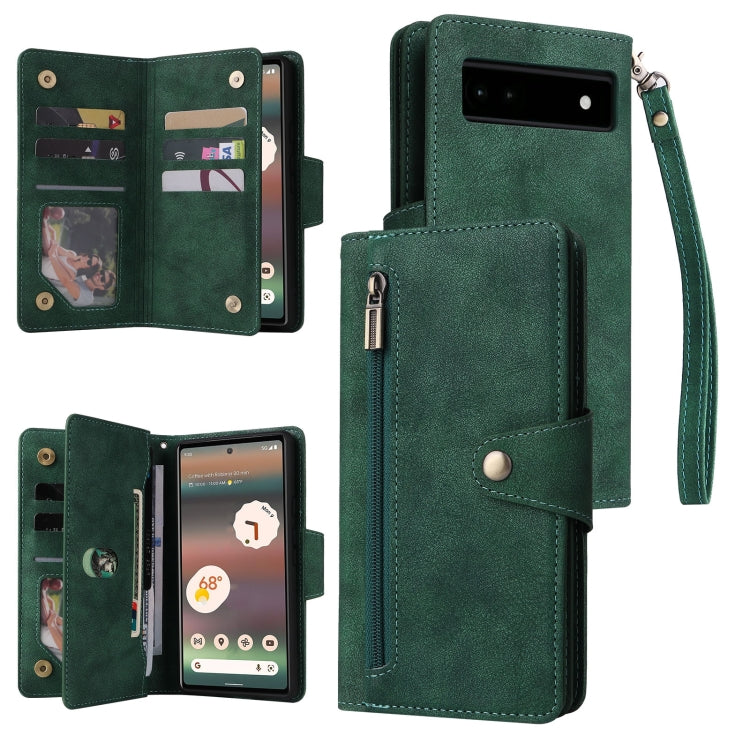 For Google Pixel 6a Rivet Buckle 9 Cards Three Fold Leather Phone Case(Green)