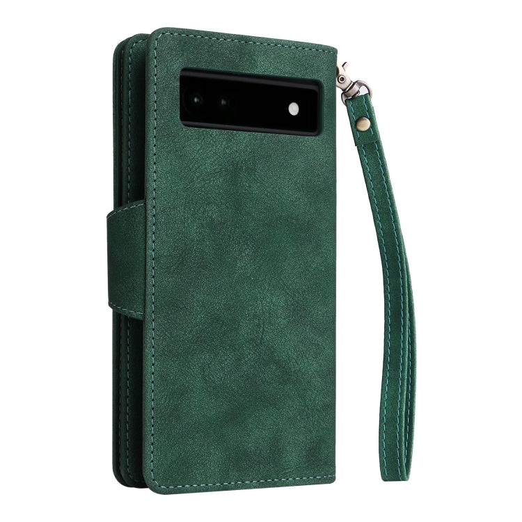 For Google Pixel 6a Rivet Buckle 9 Cards Three Fold Leather Phone Case(Green)