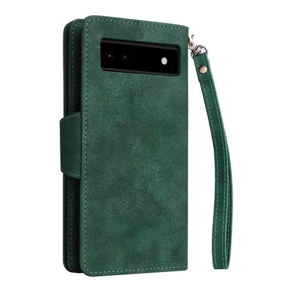 For Google Pixel 6a Rivet Buckle 9 Cards Three Fold Leather Phone Case(Green)
