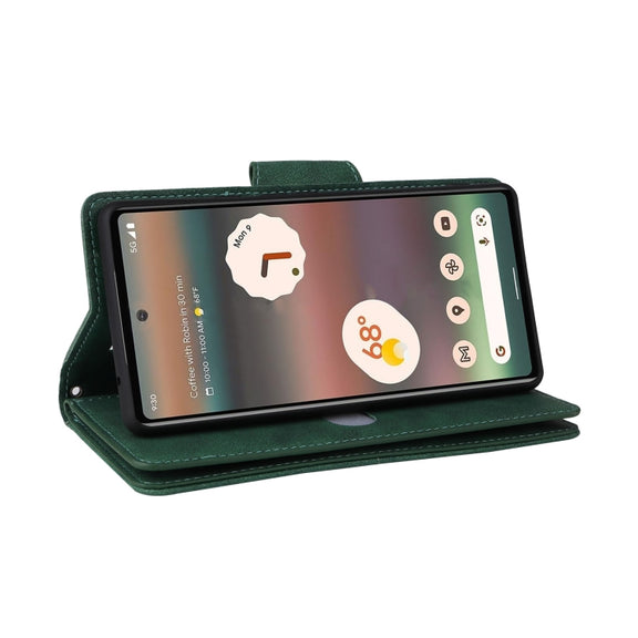 For Google Pixel 6a Rivet Buckle 9 Cards Three Fold Leather Phone Case(Green)
