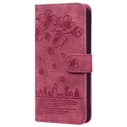 For Xiaomi Poco M3 / Redmi 9T Global Cartoon Sakura Cat Embossed Leather Phone Case(Wine Red)