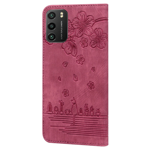 For Xiaomi Poco M3 / Redmi 9T Global Cartoon Sakura Cat Embossed Leather Phone Case(Wine Red)