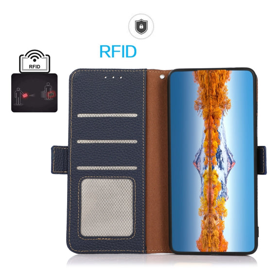 For Nothing Phone 1 KHAZNEH Side-Magnetic Litchi Genuine Leather RFID Phone Case(Blue)