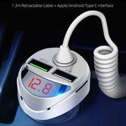 C68 LED Digital Display QC3.0 Fast Car Charger 3 in 1 with Spring Cable (Silver)