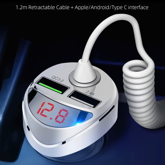 C68 LED Digital Display QC3.0 Fast Car Charger 3 in 1 with Spring Cable (Silver)
