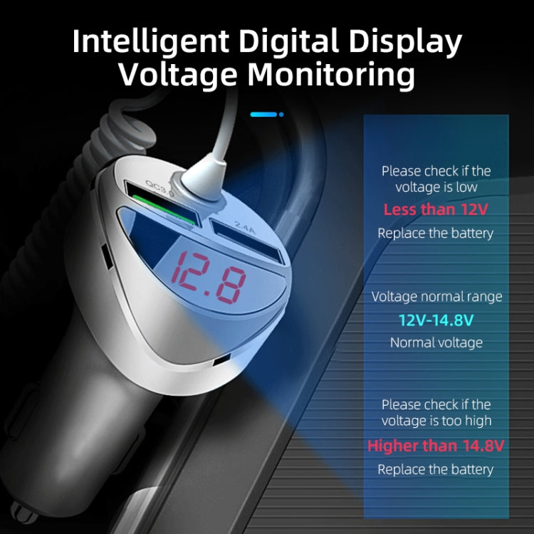 C68 LED Digital Display QC3.0 Fast Car Charger 3 in 1 with Spring Cable (Silver)