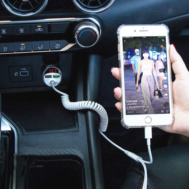 C68 LED Digital Display QC3.0 Fast Car Charger 3 in 1 with Spring Cable (Silver)
