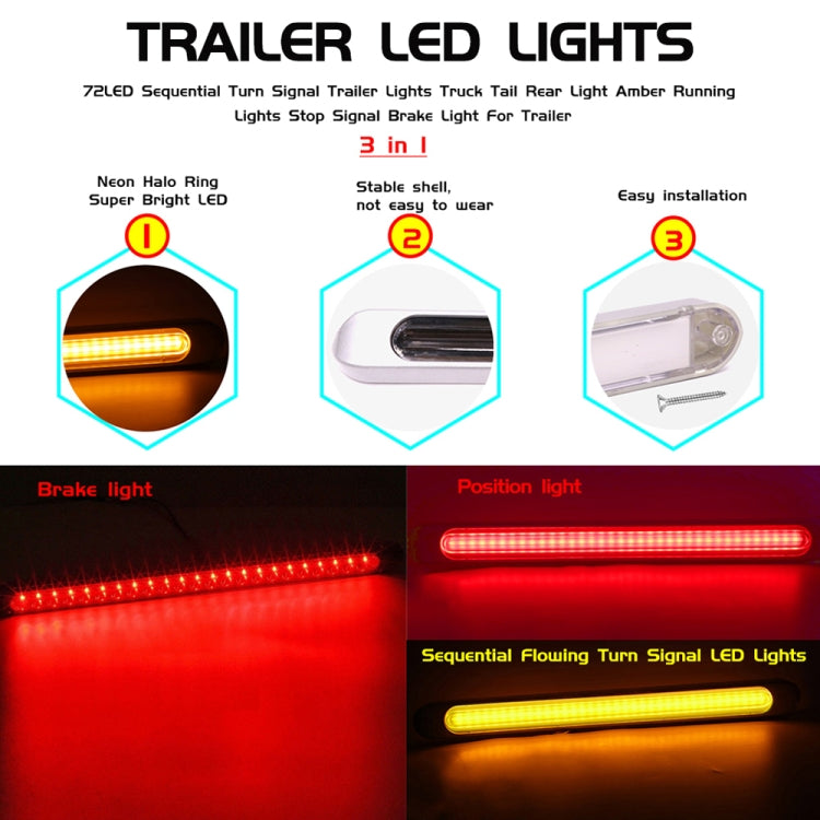 2 PCS 72LEDs Two-color Brake Turn Tail Light(Transparent Shell Red Light + Flowing Yellow Light)