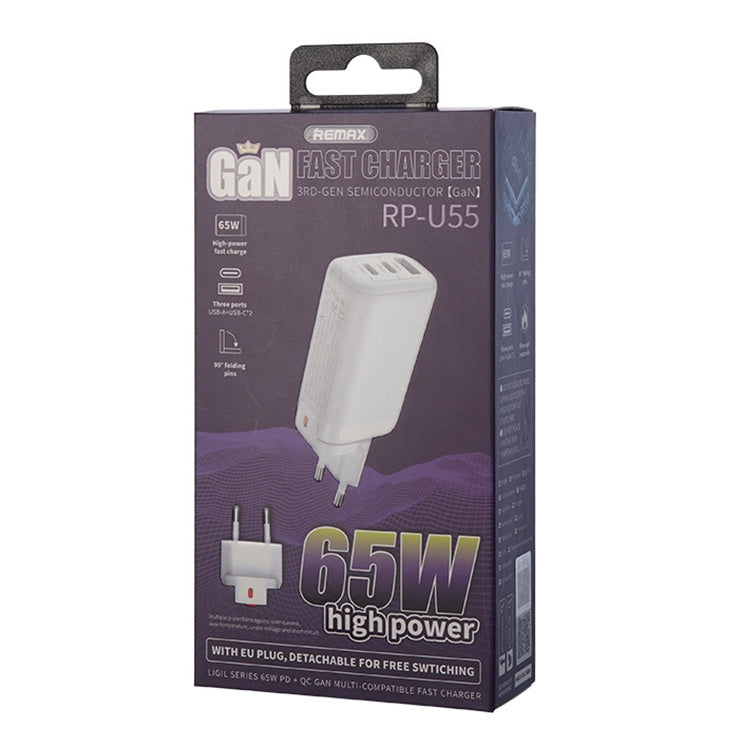 REMAX RP-U55 Territory Series 65W USB+Dual USB-C / Type-C Interface Fast Charger, Specification:EU Plug(White)
