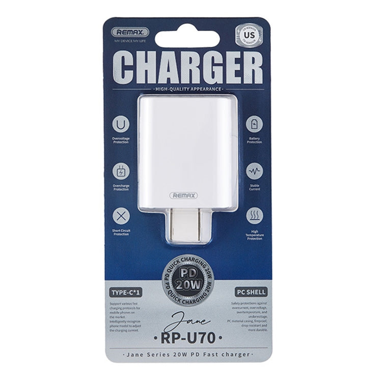 REMAX RP-U70 Jane Series 20W USB-C/Type-C PD Fast Charger, Specification:US Plug(White)