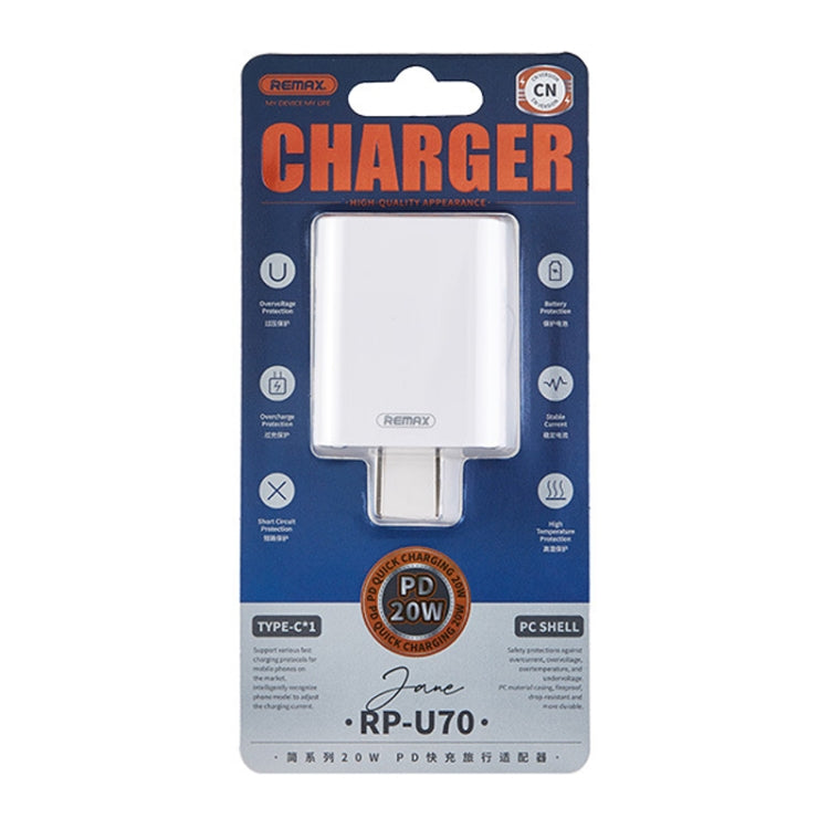 REMAX RP-U70 Jane Series 20W USB-C/Type-C PD Fast Charger, Specification:US Plug(White)