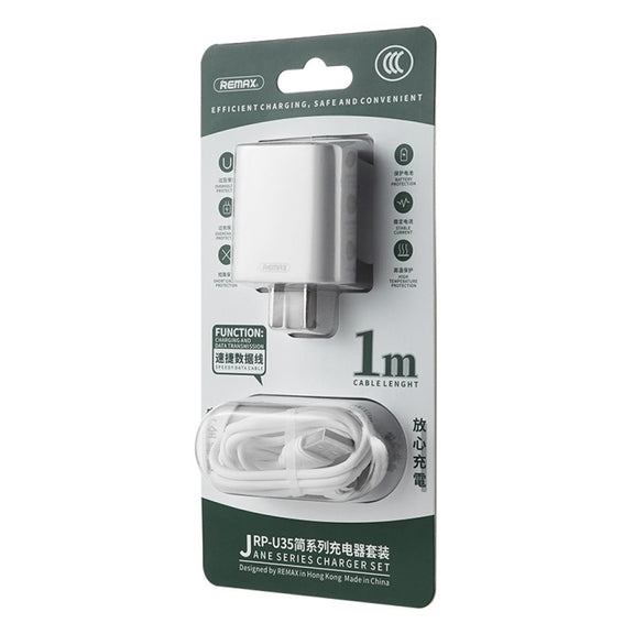 REMAX RP-U35 Jane Series 2.1A Dual USB Port Fast Charger Set, Cable:USB-C/Type-C(EU Plug)