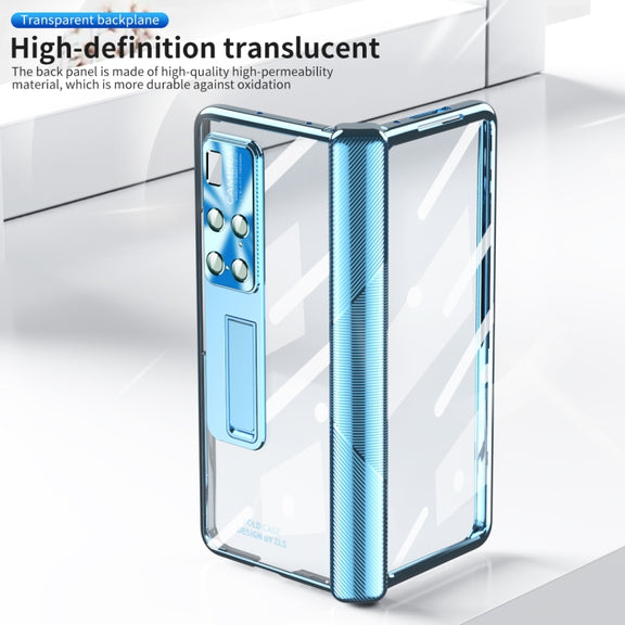For Huawei Mate X2 Magnetic Hinges Plating Phone Case with Holder(Blue)