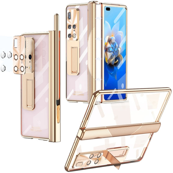 For Huawei Mate X2 Magnetic Hinges Plating Phone Case with Holder(Champagne Gold)