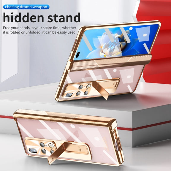 For Huawei Mate X2 Magnetic Hinges Plating Phone Case with Holder(Champagne Gold)