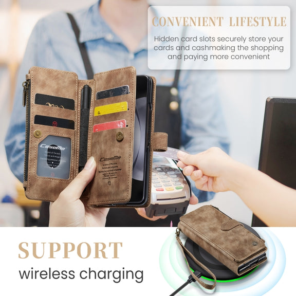 For Samsung Galaxy Z Fold5 CaseMe C30 Multifunctional Card Slots Zipper Phone Leather Phone Case(Brown)