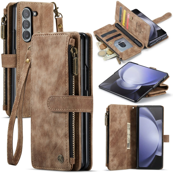 For Samsung Galaxy Z Fold5 CaseMe C30 Multifunctional Card Slots Zipper Phone Leather Phone Case(Brown)