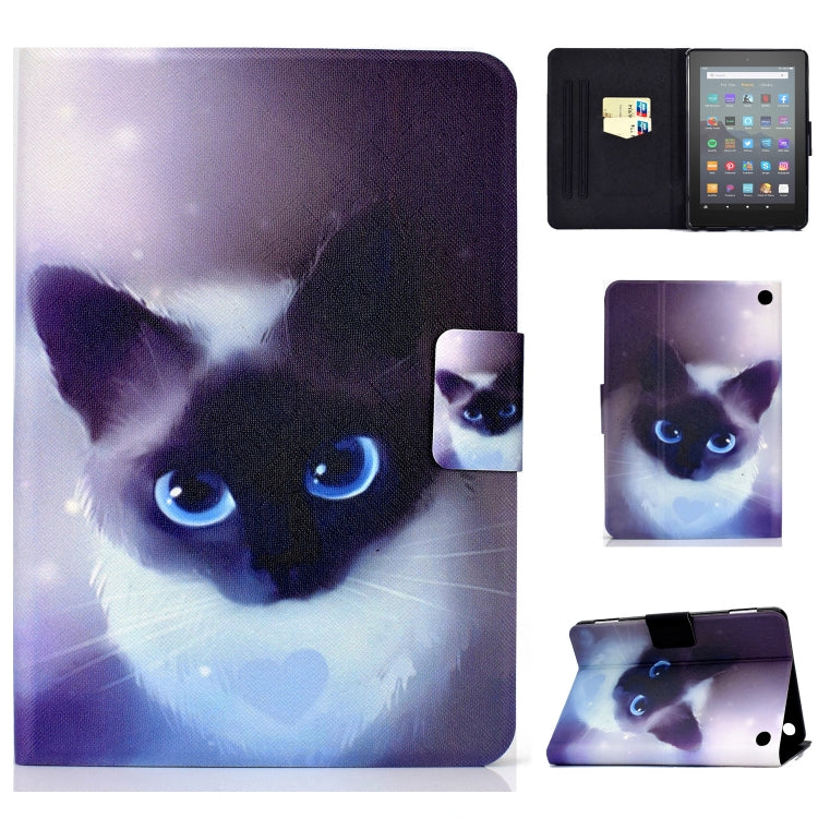 For Amazon Kindle Fire 7 2022 Electric Horizontal Flat Painted Leather Tablet Case(Blue Eyed Cat)
