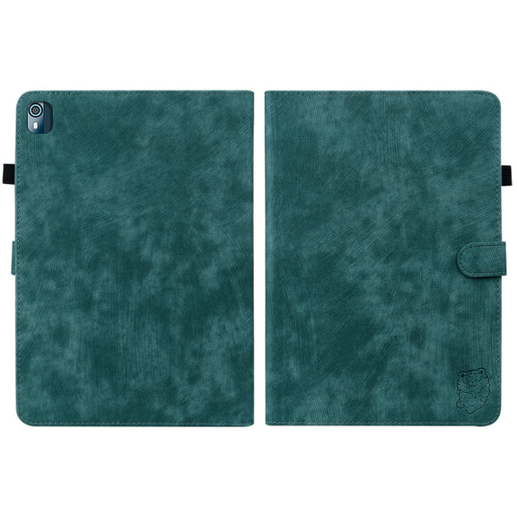 For Nokia T10 Tiger Pattern PU Tablet Case(Dark Green)