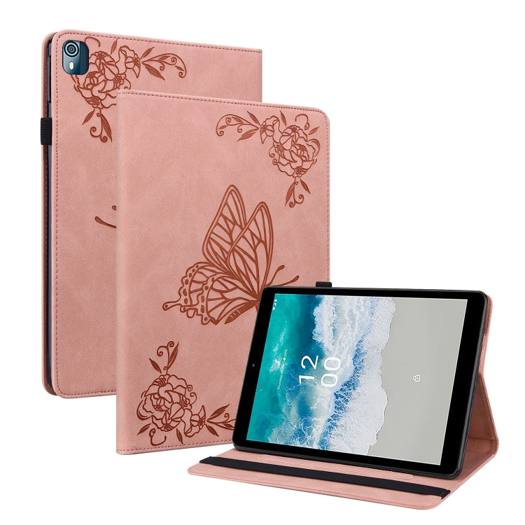 For Nokia T10 Butterfly Flower Embossed Leather Tablet Case(Rose Gold)