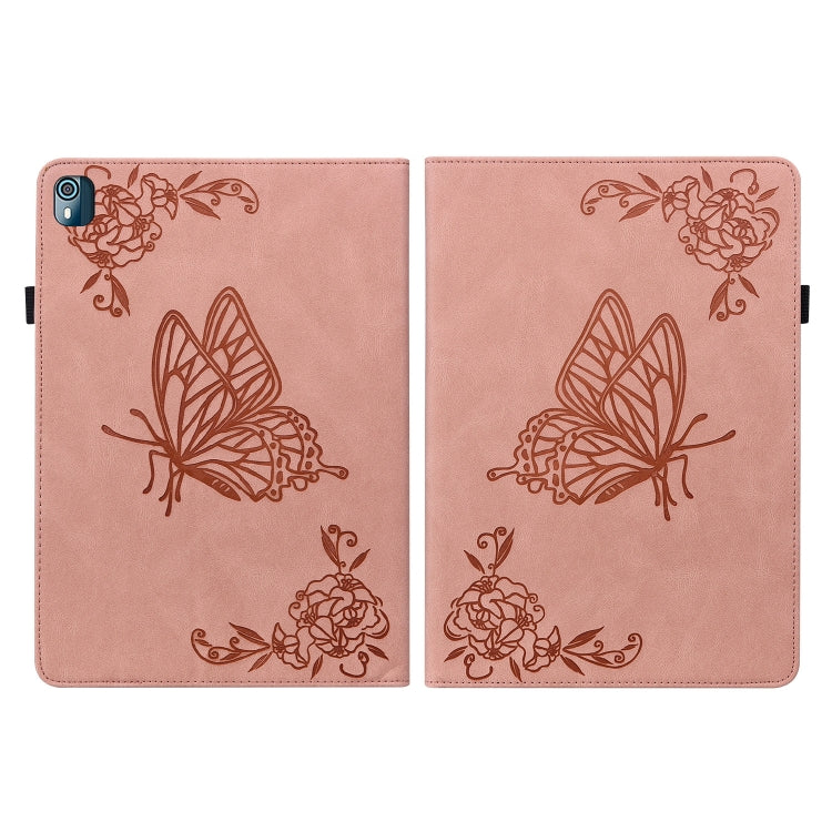 For Nokia T10 Butterfly Flower Embossed Leather Tablet Case(Rose Gold)