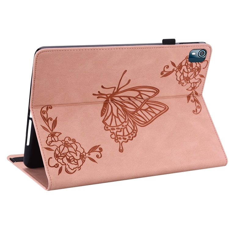 For Nokia T10 Butterfly Flower Embossed Leather Tablet Case(Rose Gold)