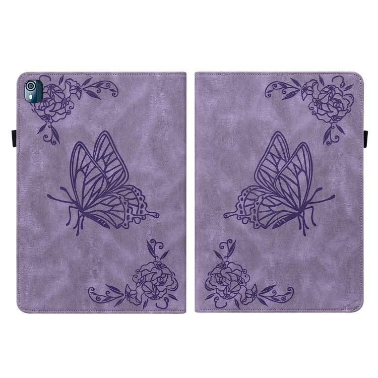 For Nokia T10 Butterfly Flower Embossed Leather Tablet Case(Purple)