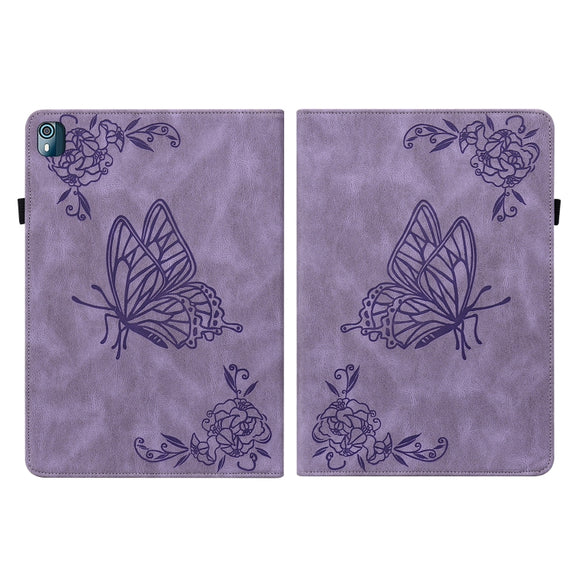 For Nokia T10 Butterfly Flower Embossed Leather Tablet Case(Purple)