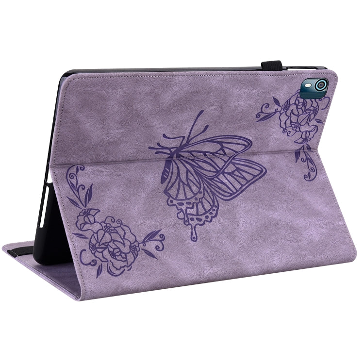 For Nokia T10 Butterfly Flower Embossed Leather Tablet Case(Purple)
