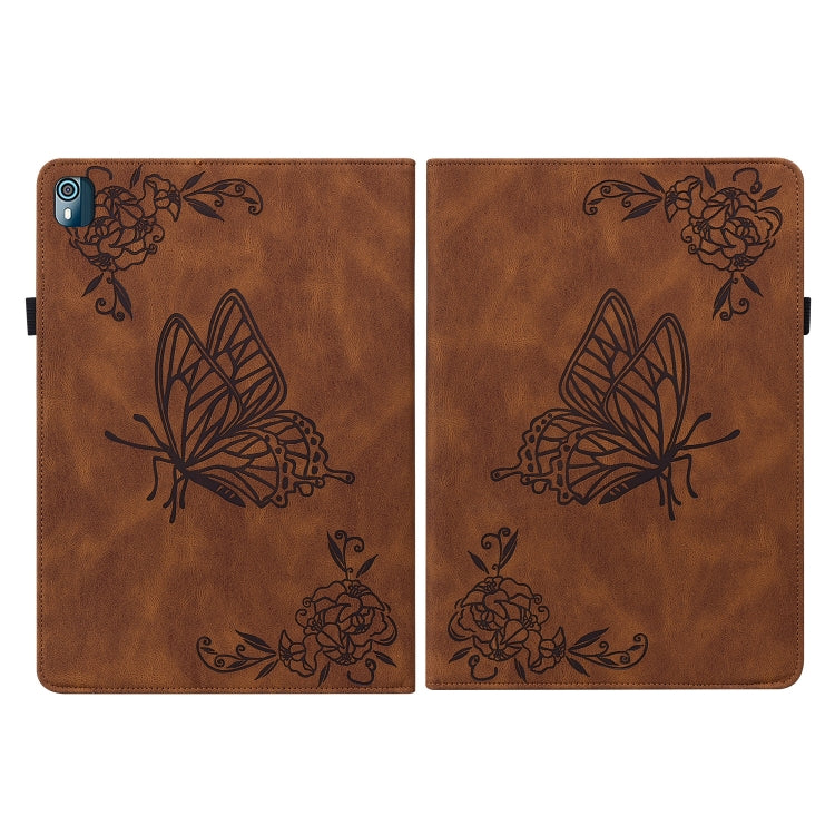 For Nokia T10 Butterfly Flower Embossed Leather Tablet Case(Brown)