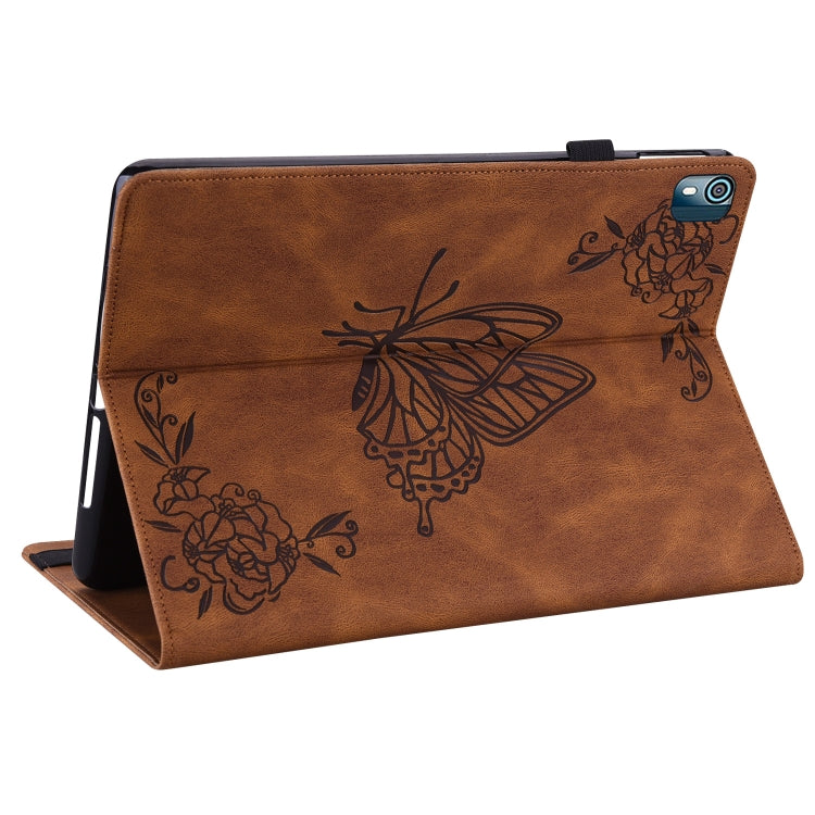 For Nokia T10 Butterfly Flower Embossed Leather Tablet Case(Brown)