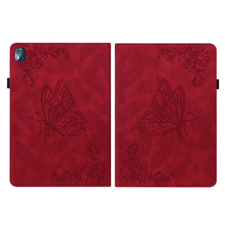 For Nokia T10 Butterfly Flower Embossed Leather Tablet Case(Red)