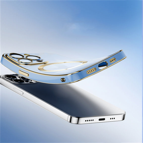For iPhone 14 Pro Max 6D Gold Plated Magsafe Magnetic Phone Case (Sierra Blue)