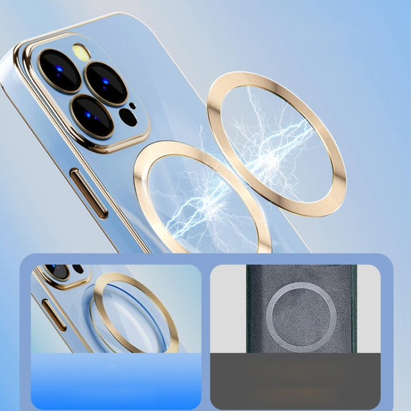 For iPhone 14 Pro Max 6D Gold Plated Magsafe Magnetic Phone Case (Sierra Blue)