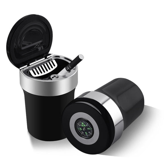 Car Compass Ashtray Built-in LED(Black+Silver)