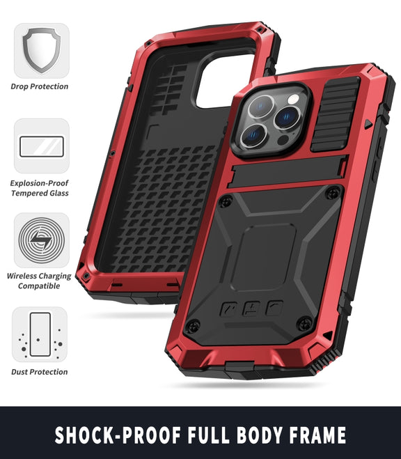 For iPhone 14 Pro R-JUST Shockproof Water-resistant Dust-proof Case with Holder(Red)
