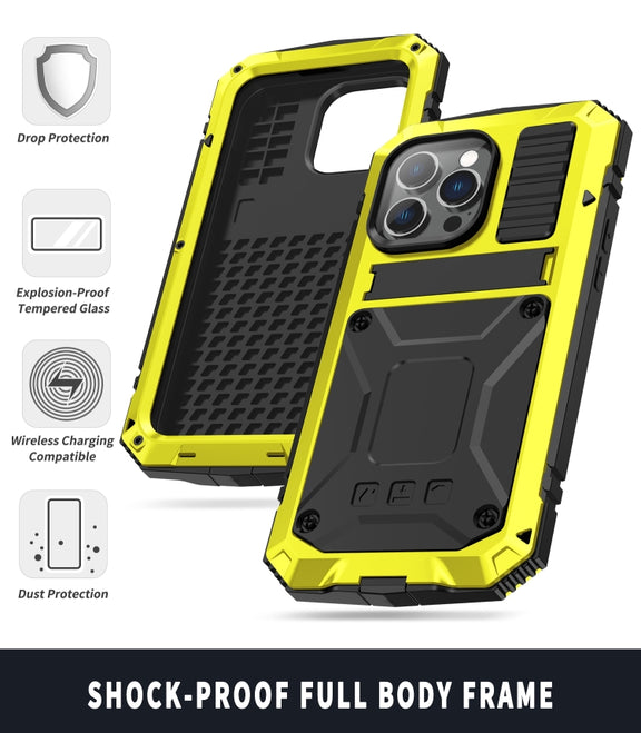 For iPhone 14 Pro Max R-JUST Shockproof Water-resistant Dust-proof Case with Holder (Yellow)