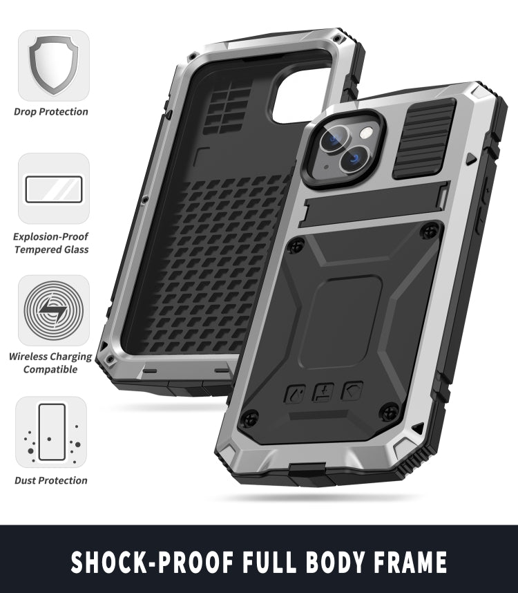 For iPhone 14 R-JUST Shockproof Water-resistant Dust-proof Case with Holder (Silver)