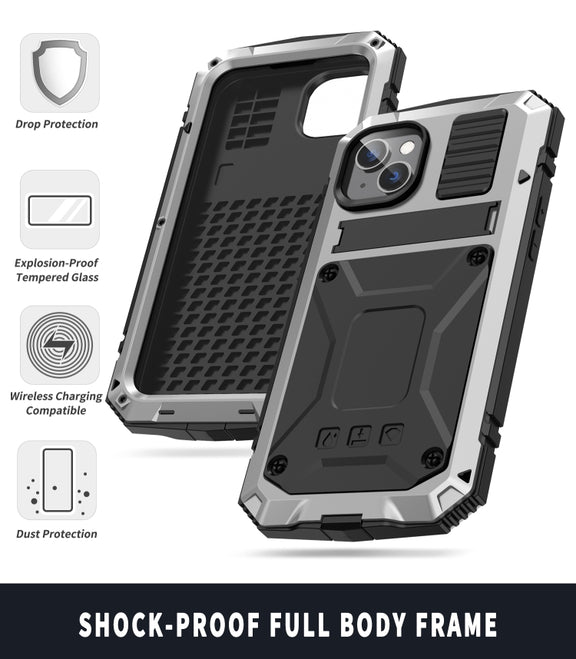 For iPhone 14 R-JUST Shockproof Water-resistant Dust-proof Case with Holder (Silver)