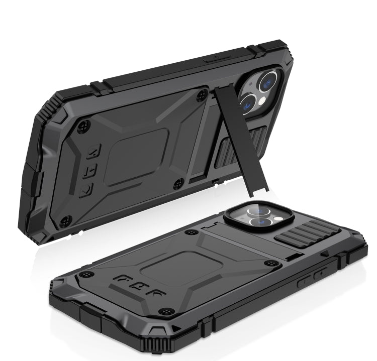 For iPhone 14 R-JUST Shockproof Water-resistant Dust-proof Case with Holder (Black)