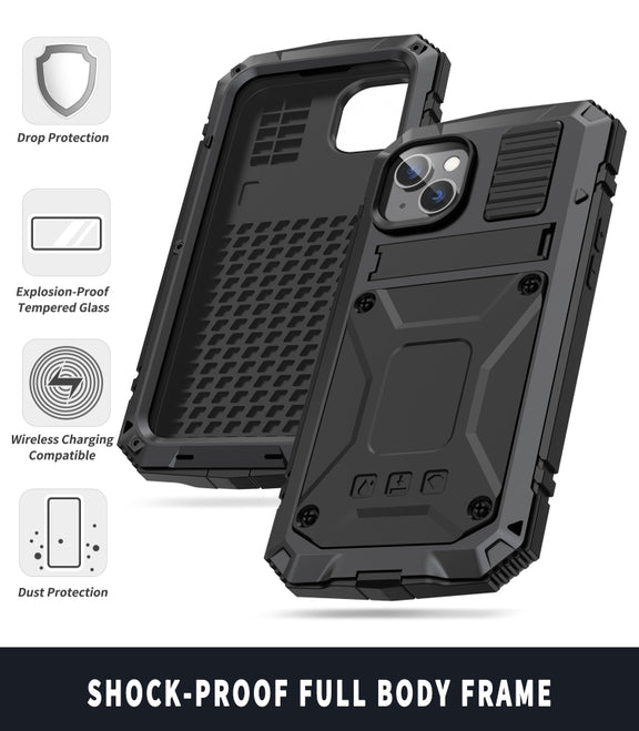 For iPhone 14 R-JUST Shockproof Water-resistant Dust-proof Case with Holder (Black)