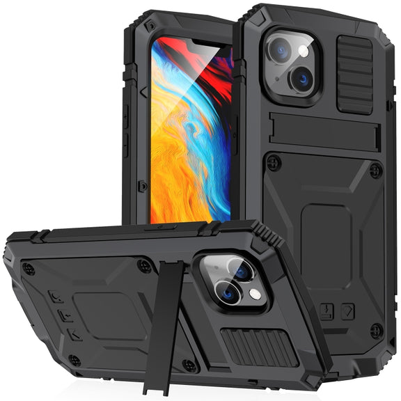 For iPhone 14 Plus R-JUST Shockproof Water-resistant Dust-proof Case with Holder (Black)