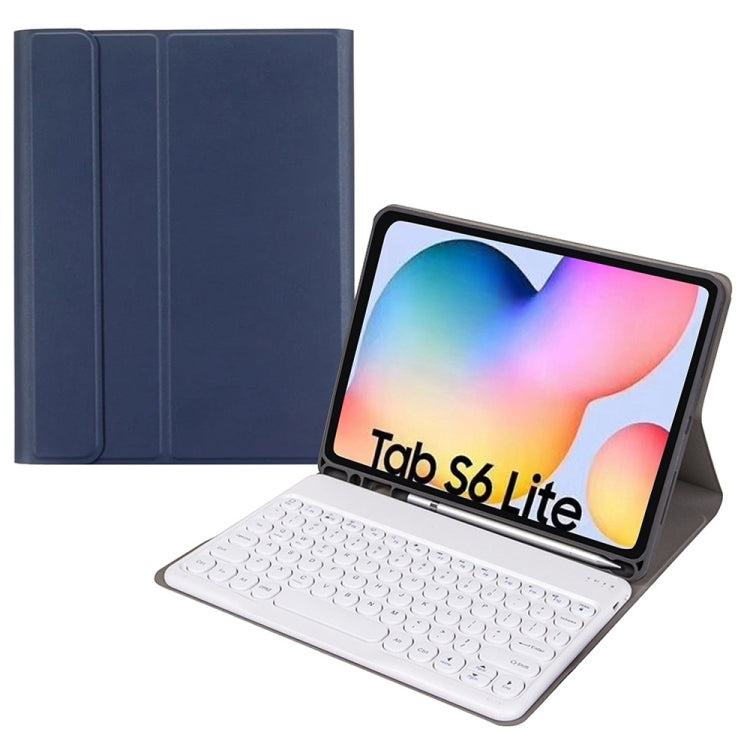 Round Cap Bluetooth Keyboard Leather Case with Pen Slot, without Touchpad For Samsung Galaxy Tab S7(Dark Blue+White Keyboard)