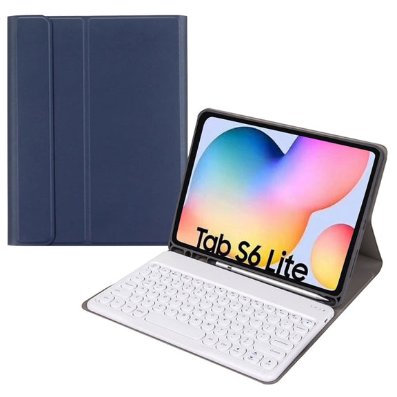Round Cap Bluetooth Keyboard Leather Case with Pen Slot, without Touchpad For Samsung Galaxy Tab S7(Dark Blue+White Keyboard)