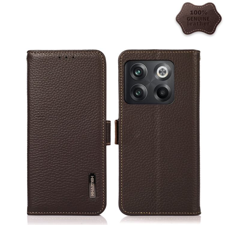 For OnePlus 10T/Ace Pro KHAZNEH Side-Magnetic Litchi Genuine Leather RFID Phone Case(Brown)