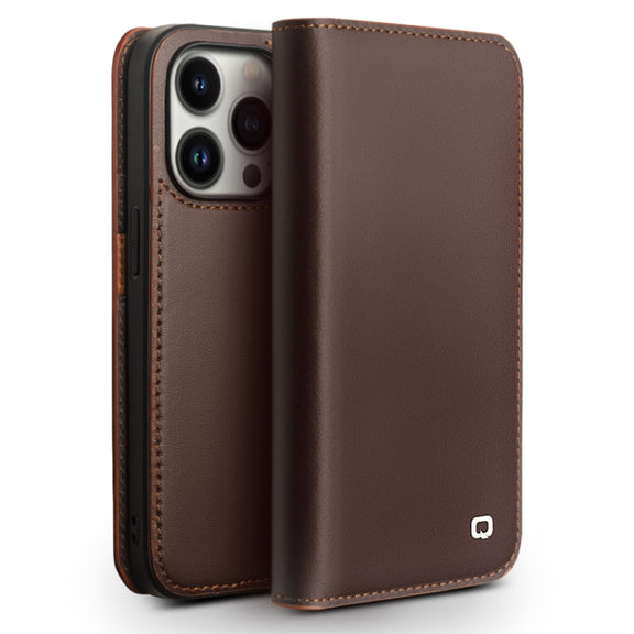 For iPhone 14 Pro QIALINO Business Horizontal Flip PU Phone Case(Brown)